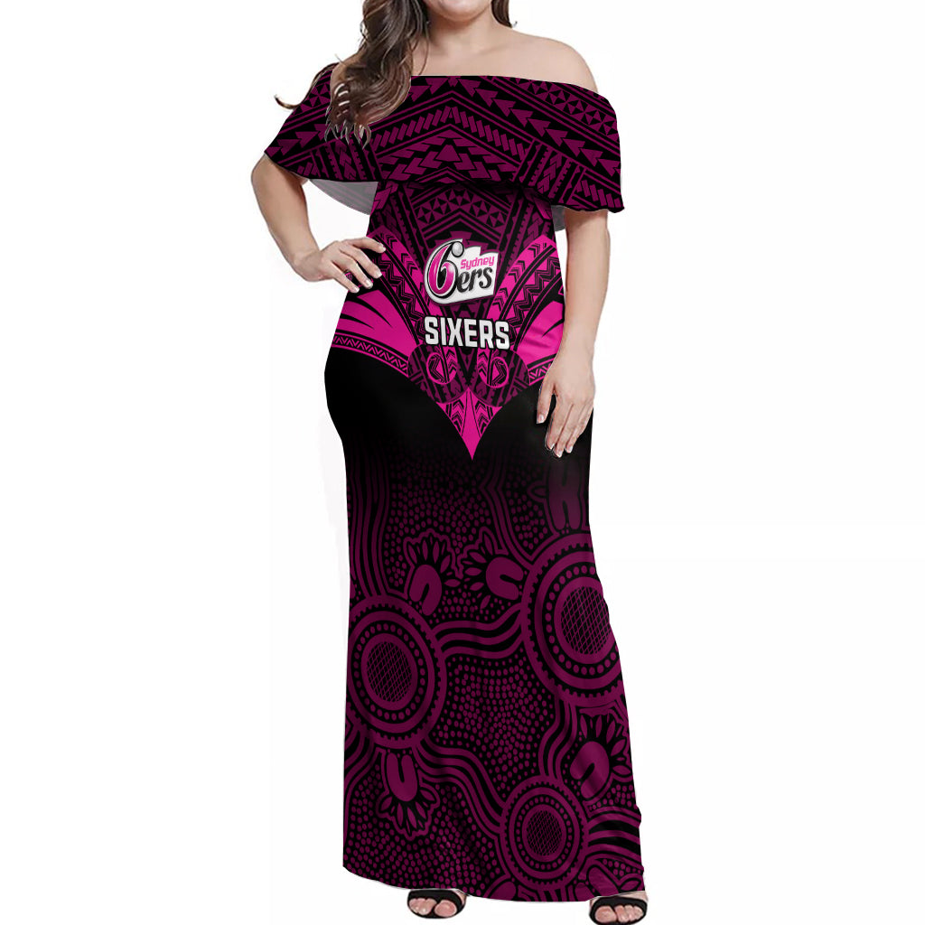 custom-sydney-sixers-cricket-off-shoulder-maxi-dress-2023-unique-indigenous-art-mix-polynesian-pattern