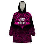 custom-sydney-sixers-cricket-wearable-blanket-hoodie-2023-unique-indigenous-art-mix-polynesian-pattern