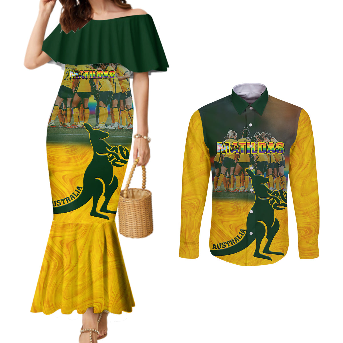 matildas-pride-couples-matching-mermaid-dress-and-long-sleeve-button-shirts-lgbt-kangaroo-australian-proud