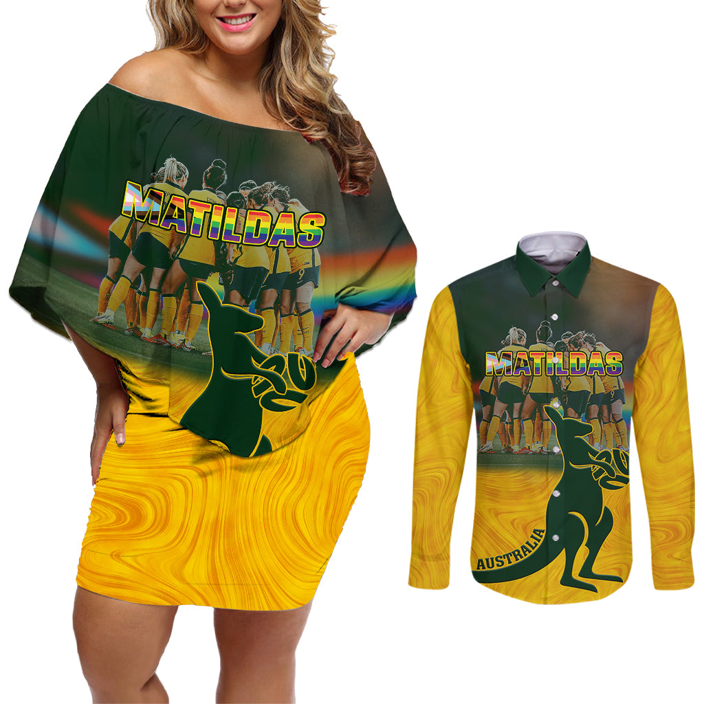 matildas-pride-couples-matching-off-shoulder-short-dress-and-long-sleeve-button-shirts-lgbt-kangaroo-australian-proud
