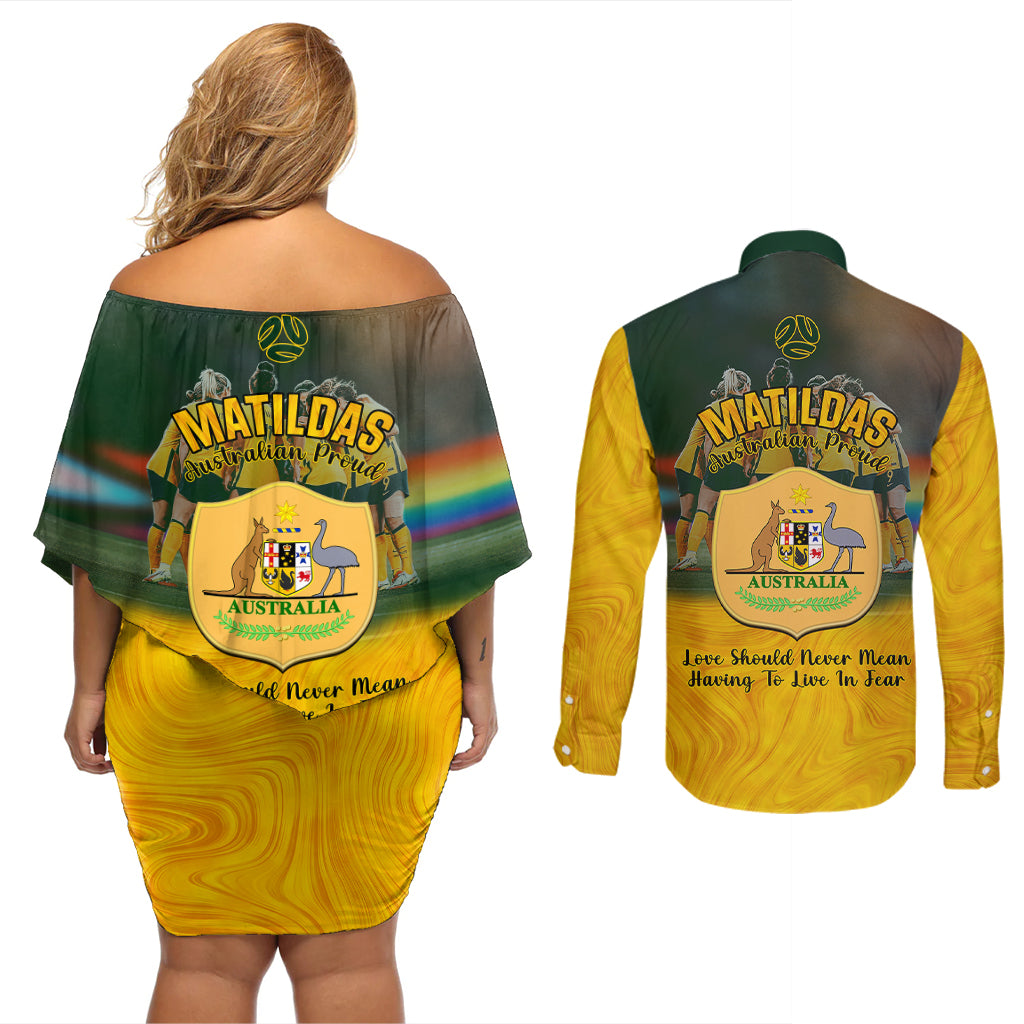matildas-pride-couples-matching-off-shoulder-short-dress-and-long-sleeve-button-shirts-lgbt-kangaroo-australian-proud
