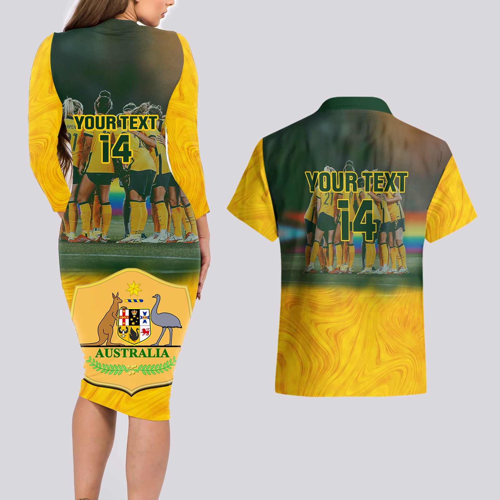 custom-matildas-pride-couples-matching-long-sleeve-bodycon-dress-and-hawaiian-shirt-lgbt-kangaroo-australian-proud