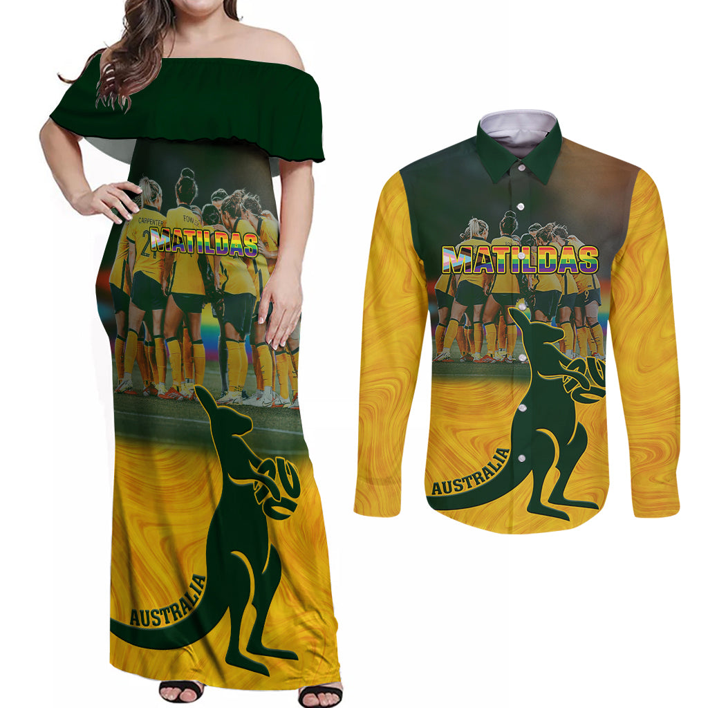 custom-matildas-pride-couples-matching-off-shoulder-maxi-dress-and-long-sleeve-button-shirts-lgbt-kangaroo-australian-proud