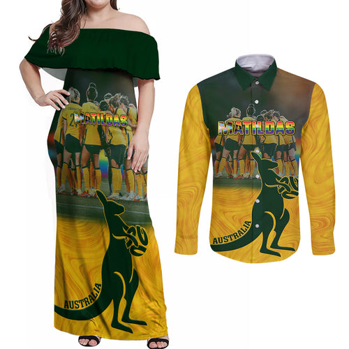 custom-matildas-pride-couples-matching-off-shoulder-maxi-dress-and-long-sleeve-button-shirts-lgbt-kangaroo-australian-proud