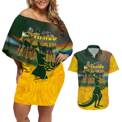 custom-matildas-pride-couples-matching-off-shoulder-short-dress-and-hawaiian-shirt-lgbt-kangaroo-australian-proud