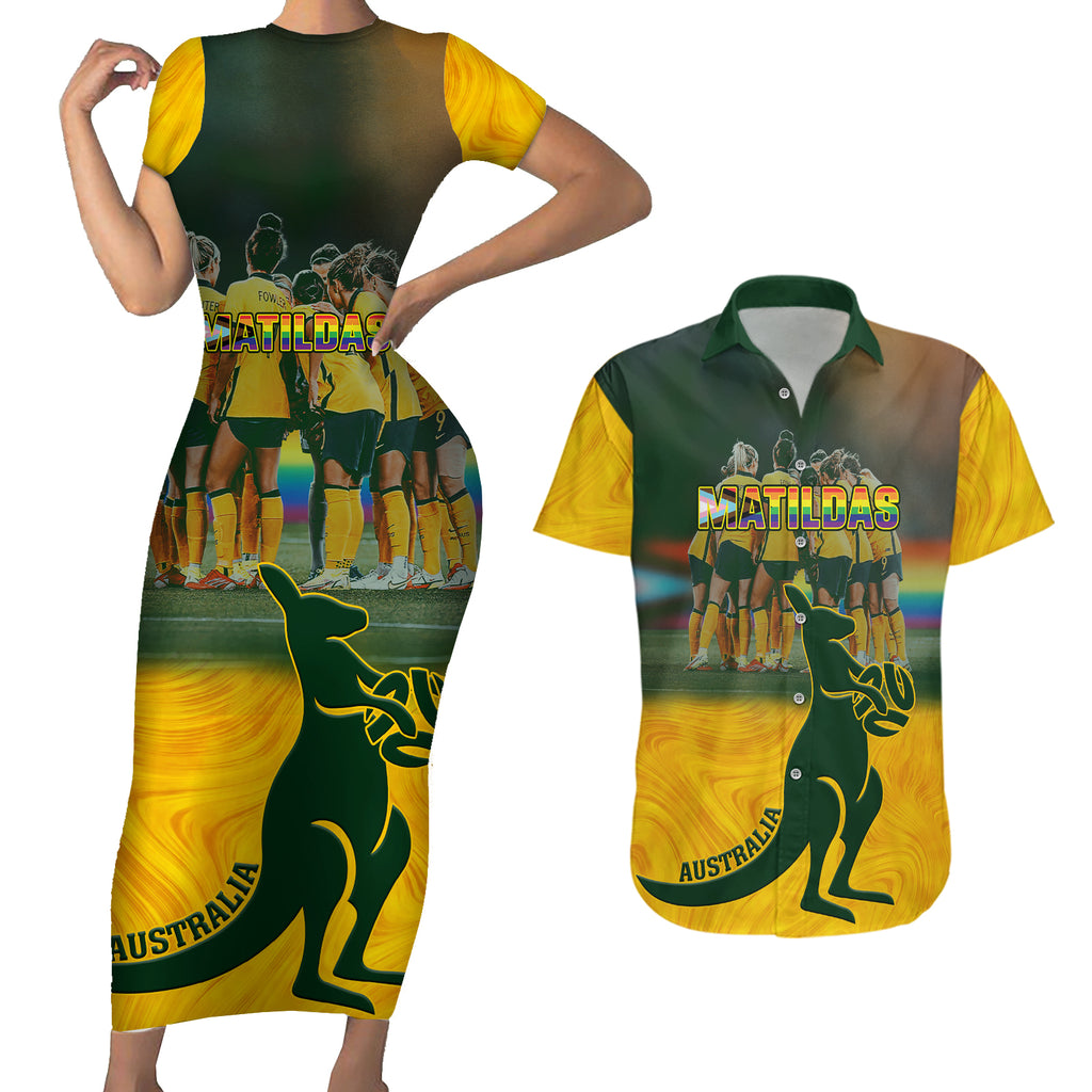 custom-matildas-pride-couples-matching-short-sleeve-bodycon-dress-and-hawaiian-shirt-lgbt-kangaroo-australian-proud