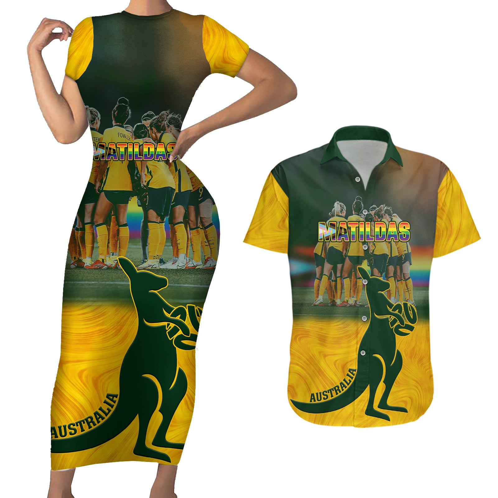 custom-matildas-pride-couples-matching-short-sleeve-bodycon-dress-and-hawaiian-shirt-lgbt-kangaroo-australian-proud