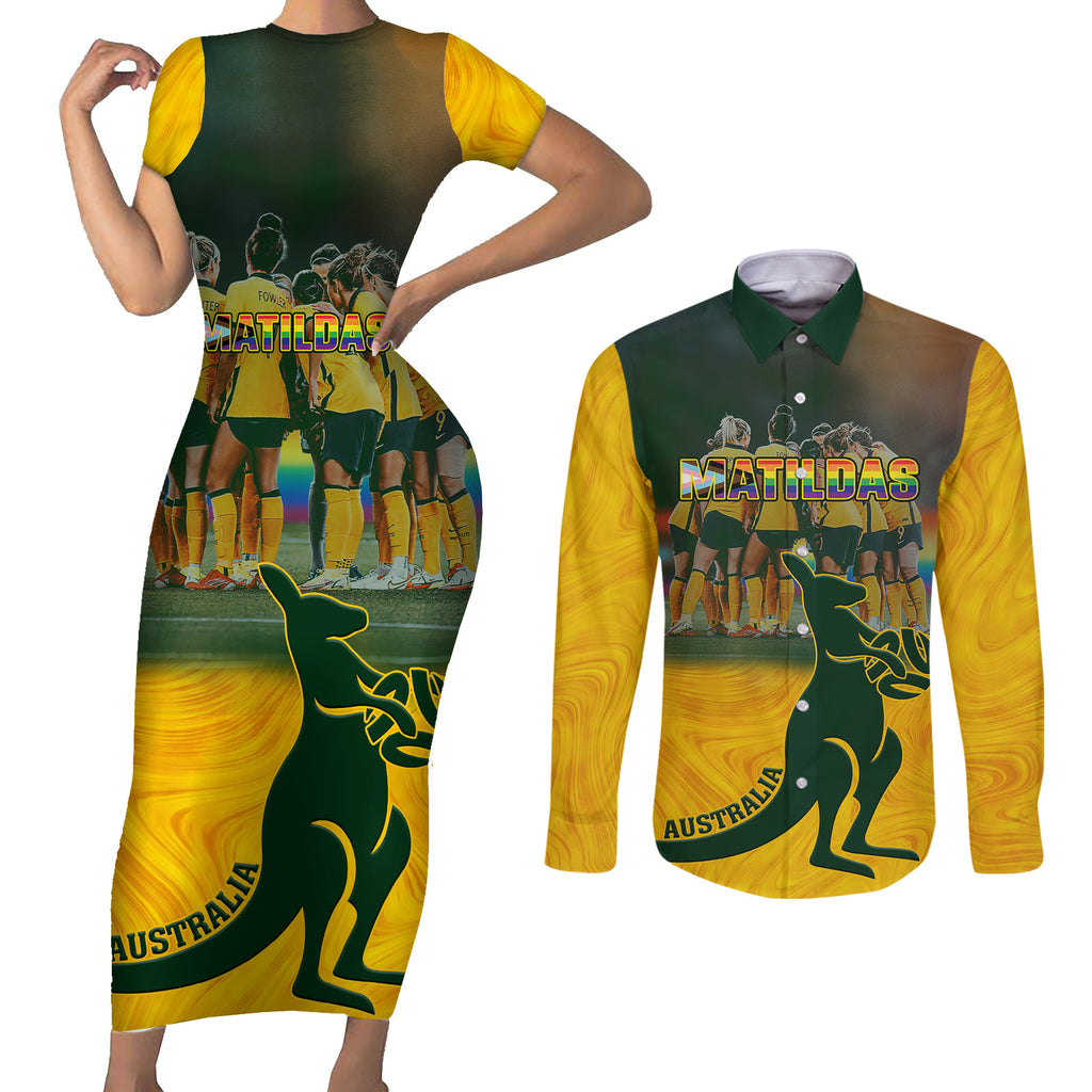 custom-matildas-pride-couples-matching-short-sleeve-bodycon-dress-and-long-sleeve-button-shirts-lgbt-kangaroo-australian-proud