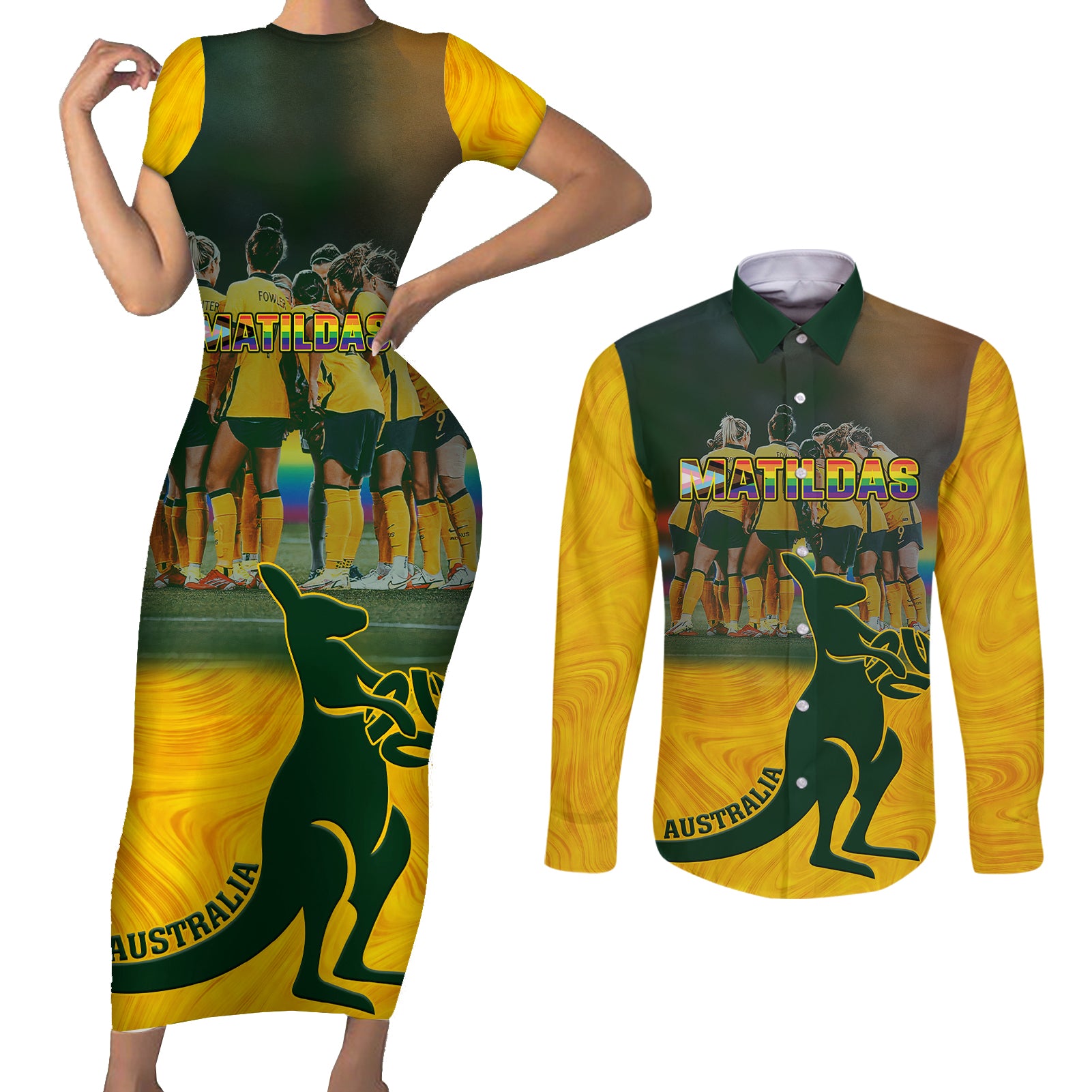 custom-matildas-pride-couples-matching-short-sleeve-bodycon-dress-and-long-sleeve-button-shirts-lgbt-kangaroo-australian-proud