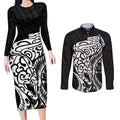 New Zealand Eel Couples Matching Long Sleeve Bodycon Dress and Long Sleeve Button Shirt Tuna Aotearoa Maori Patten - Black
