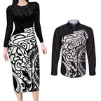New Zealand Eel Couples Matching Long Sleeve Bodycon Dress and Long Sleeve Button Shirt Tuna Aotearoa Maori Patten - Black