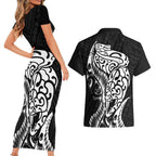 New Zealand Eel Couples Matching Short Sleeve Bodycon Dress and Hawaiian Shirt Tuna Aotearoa Maori Patten - Black