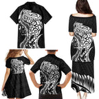 New Zealand Eel Family Matching Puletasi and Hawaiian Shirt Tuna Aotearoa Maori Patten - Black