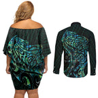 New Zealand Eel Couples Matching Off Shoulder Short Dress and Long Sleeve Button Shirt Tuna Aotearoa Maori With Paua Shell - Turquoise