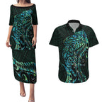 New Zealand Eel Couples Matching Puletasi and Hawaiian Shirt Tuna Aotearoa Maori With Paua Shell - Turquoise