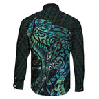 New Zealand Eel Family Matching Off The Shoulder Long Sleeve Dress and Hawaiian Shirt Tuna Aotearoa Maori With Paua Shell - Turquoise