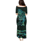 New Zealand Eel Family Matching Puletasi and Hawaiian Shirt Tuna Aotearoa Maori With Paua Shell - Turquoise