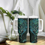 New Zealand Eel Tumbler With Handle Tuna Aotearoa Maori With Paua Shell - Turquoise