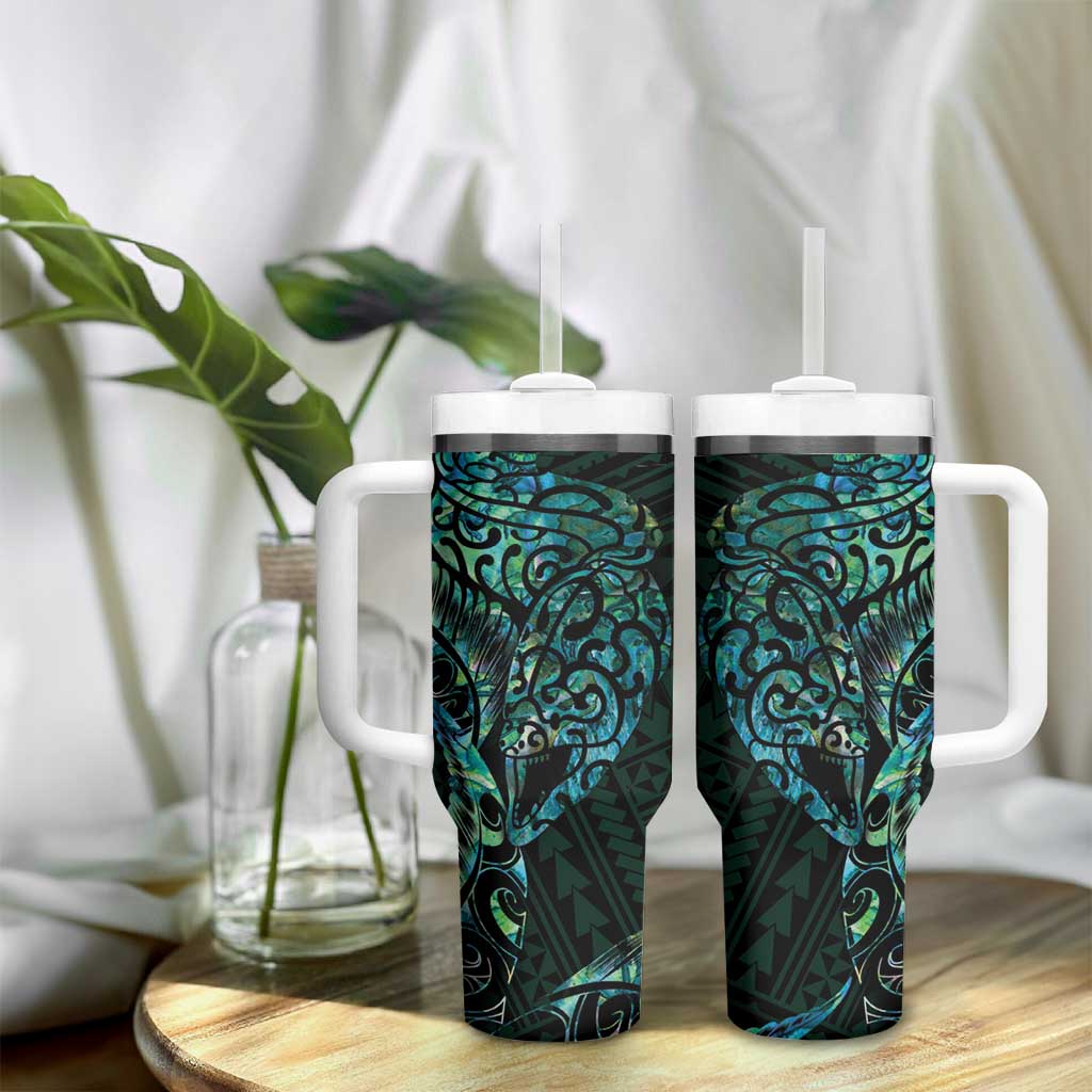 New Zealand Eel Tumbler With Handle Tuna Aotearoa Maori With Paua Shell - Turquoise