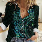 New Zealand Eel Women Casual Shirt Tuna Aotearoa Maori With Paua Shell - Turquoise
