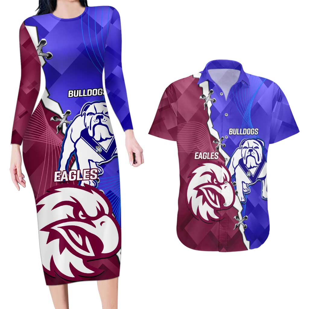 Personalised Bulldogs And Eagles Rugby Couples Matching Long Sleeve Bodycon Dress and Hawaiian Shirt Dynamic Style