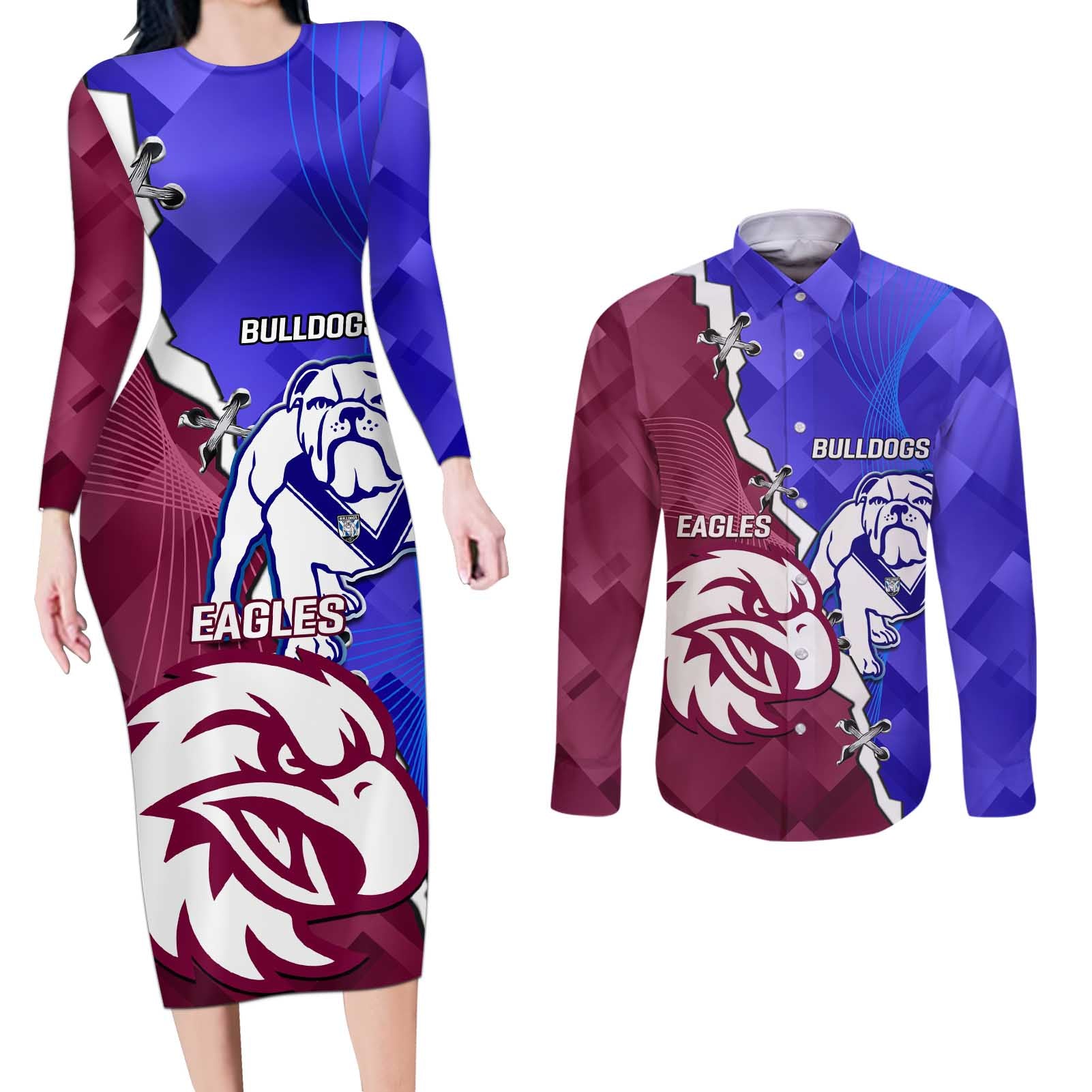 Personalised Bulldogs And Eagles Rugby Couples Matching Long Sleeve Bodycon Dress and Long Sleeve Button Shirt Dynamic Style