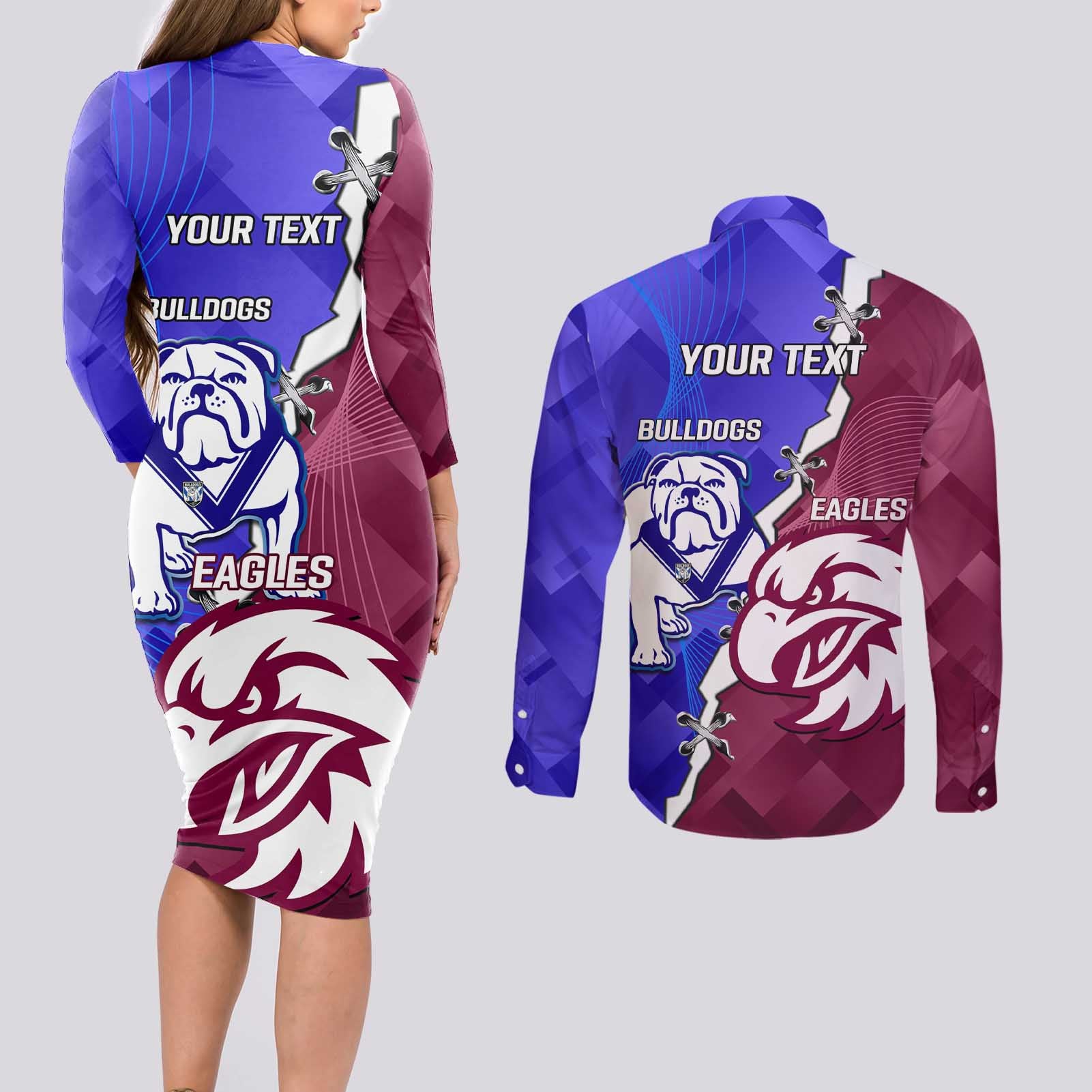 Personalised Bulldogs And Eagles Rugby Couples Matching Long Sleeve Bodycon Dress and Long Sleeve Button Shirt Dynamic Style
