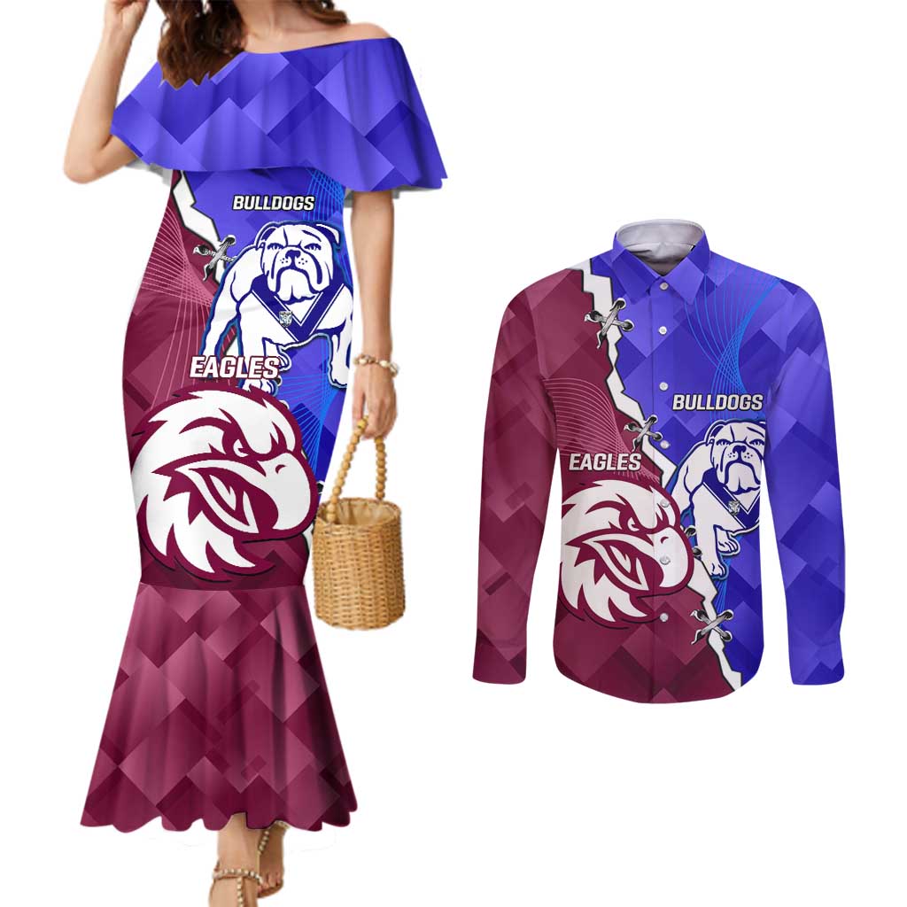 Personalised Bulldogs And Eagles Rugby Couples Matching Mermaid Dress and Long Sleeve Button Shirt Dynamic Style