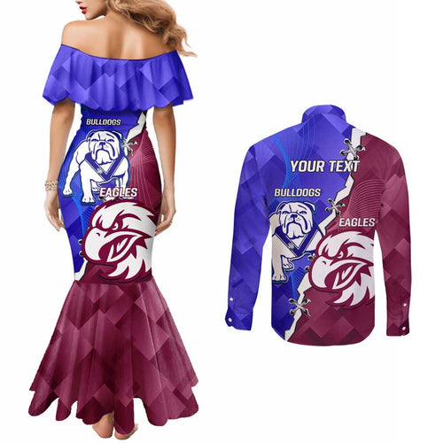 Personalised Bulldogs And Eagles Rugby Couples Matching Mermaid Dress and Long Sleeve Button Shirt Dynamic Style