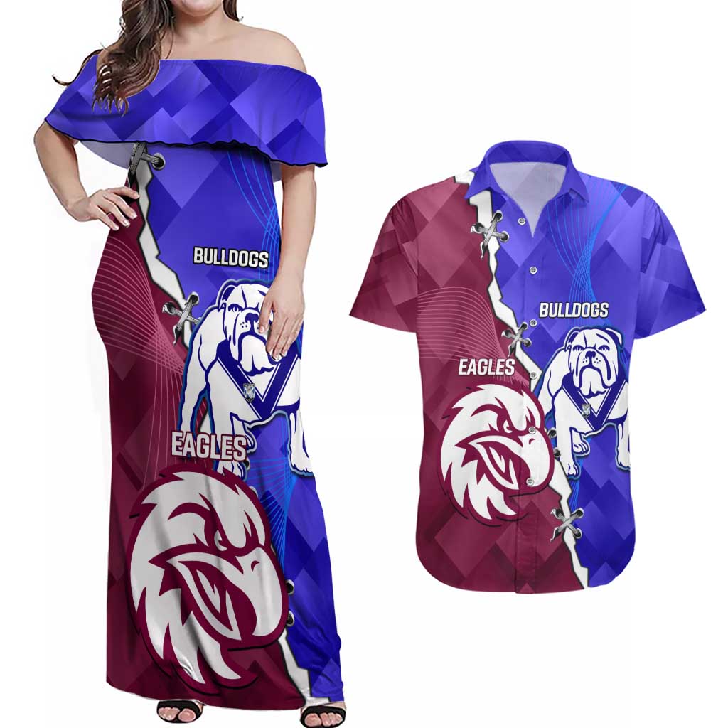 Personalised Bulldogs And Eagles Rugby Couples Matching Off Shoulder Maxi Dress and Hawaiian Shirt Dynamic Style