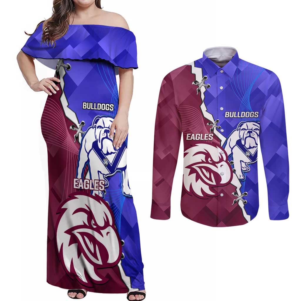 Personalised Bulldogs And Eagles Rugby Couples Matching Off Shoulder Maxi Dress and Long Sleeve Button Shirt Dynamic Style