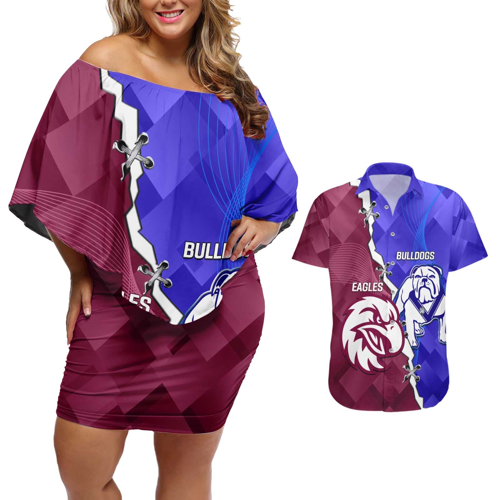 Personalised Bulldogs And Eagles Rugby Couples Matching Off Shoulder Short Dress and Hawaiian Shirt Dynamic Style
