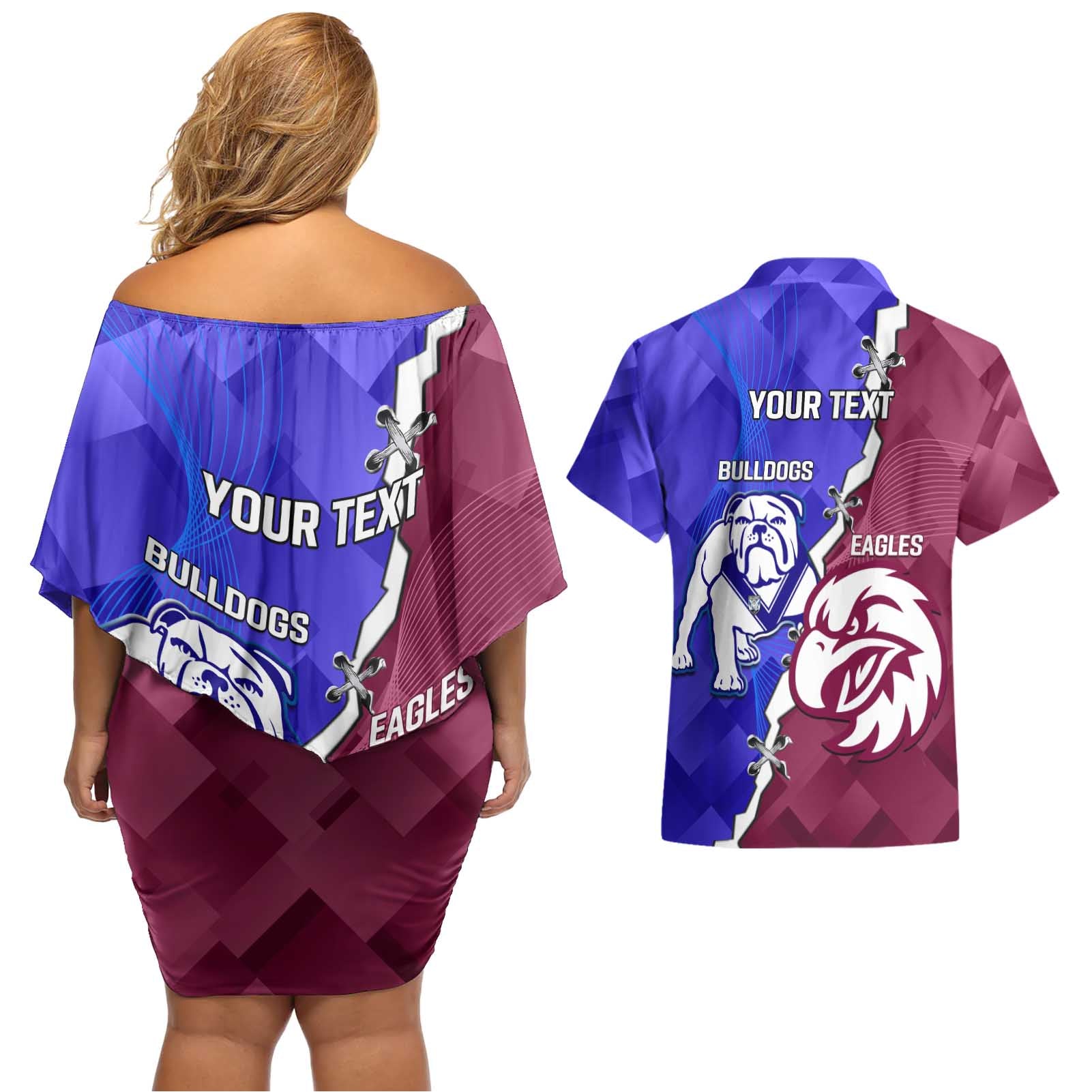 Personalised Bulldogs And Eagles Rugby Couples Matching Off Shoulder Short Dress and Hawaiian Shirt Dynamic Style