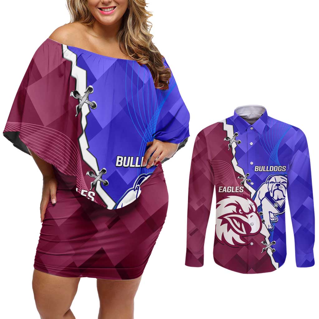 Personalised Bulldogs And Eagles Rugby Couples Matching Off Shoulder Short Dress and Long Sleeve Button Shirt Dynamic Style