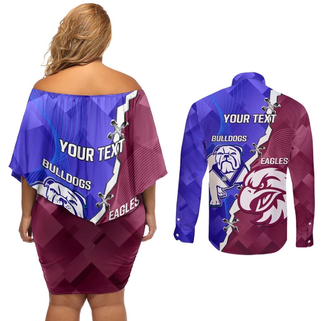 Personalised Bulldogs And Eagles Rugby Couples Matching Off Shoulder Short Dress and Long Sleeve Button Shirt Dynamic Style