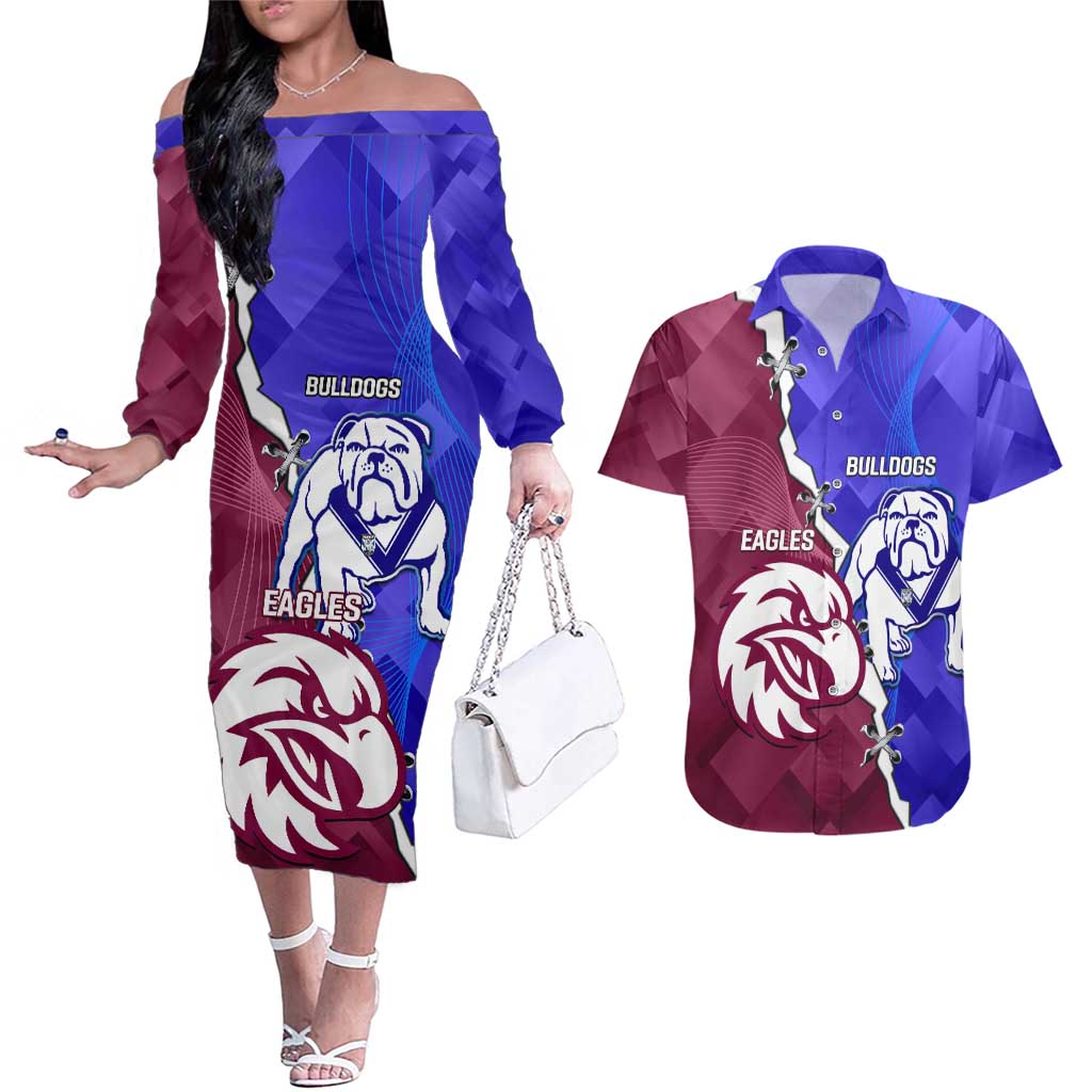 Personalised Bulldogs And Eagles Rugby Couples Matching Off The Shoulder Long Sleeve Dress and Hawaiian Shirt Dynamic Style