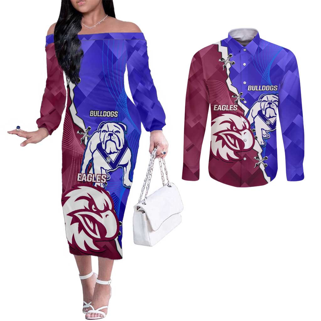 Personalised Bulldogs And Eagles Rugby Couples Matching Off The Shoulder Long Sleeve Dress and Long Sleeve Button Shirt Dynamic Style