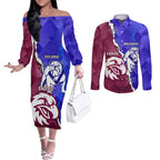 Personalised Bulldogs And Eagles Rugby Couples Matching Off The Shoulder Long Sleeve Dress and Long Sleeve Button Shirt Dynamic Style