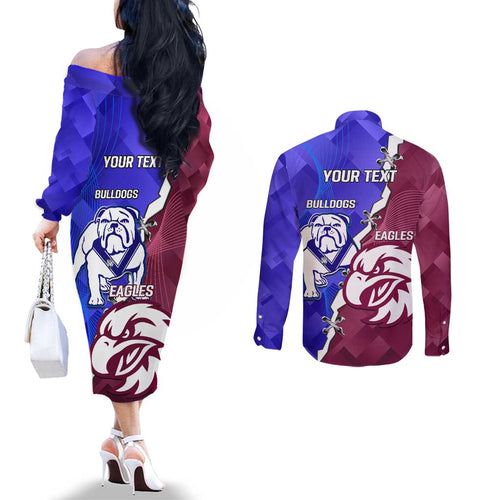 Personalised Bulldogs And Eagles Rugby Couples Matching Off The Shoulder Long Sleeve Dress and Long Sleeve Button Shirt Dynamic Style