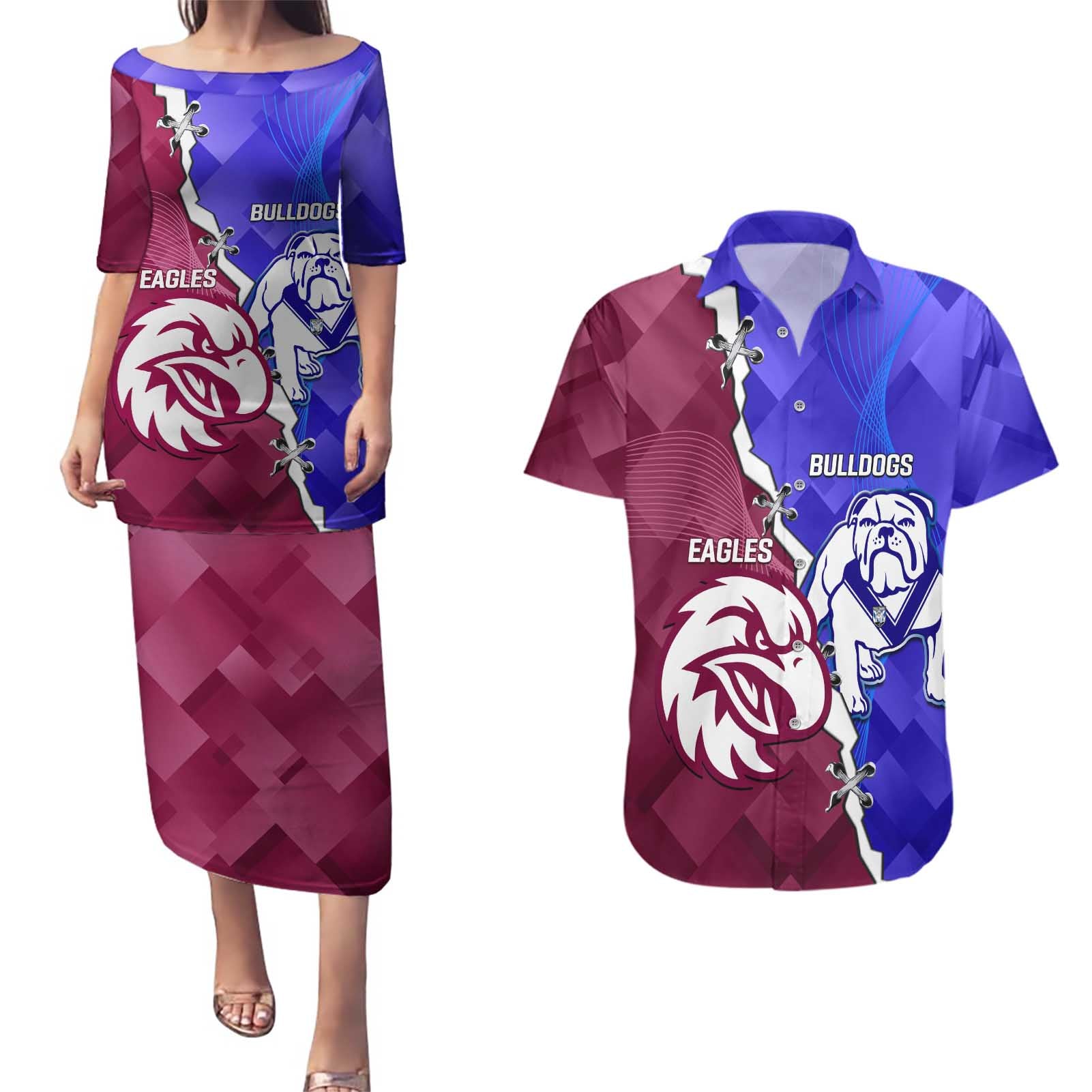 Personalised Bulldogs And Eagles Rugby Couples Matching Puletasi and Hawaiian Shirt Dynamic Style