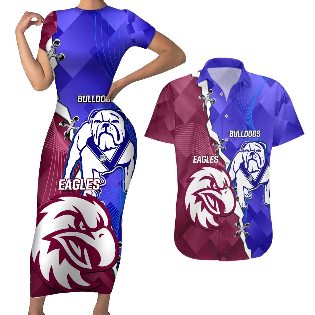 Personalised Bulldogs And Eagles Rugby Couples Matching Short Sleeve Bodycon Dress and Hawaiian Shirt Dynamic Style