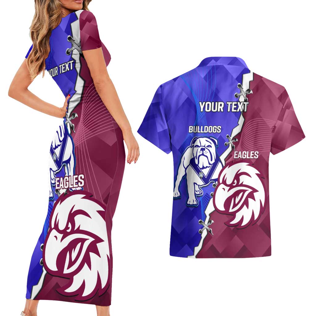 Personalised Bulldogs And Eagles Rugby Couples Matching Short Sleeve Bodycon Dress and Hawaiian Shirt Dynamic Style
