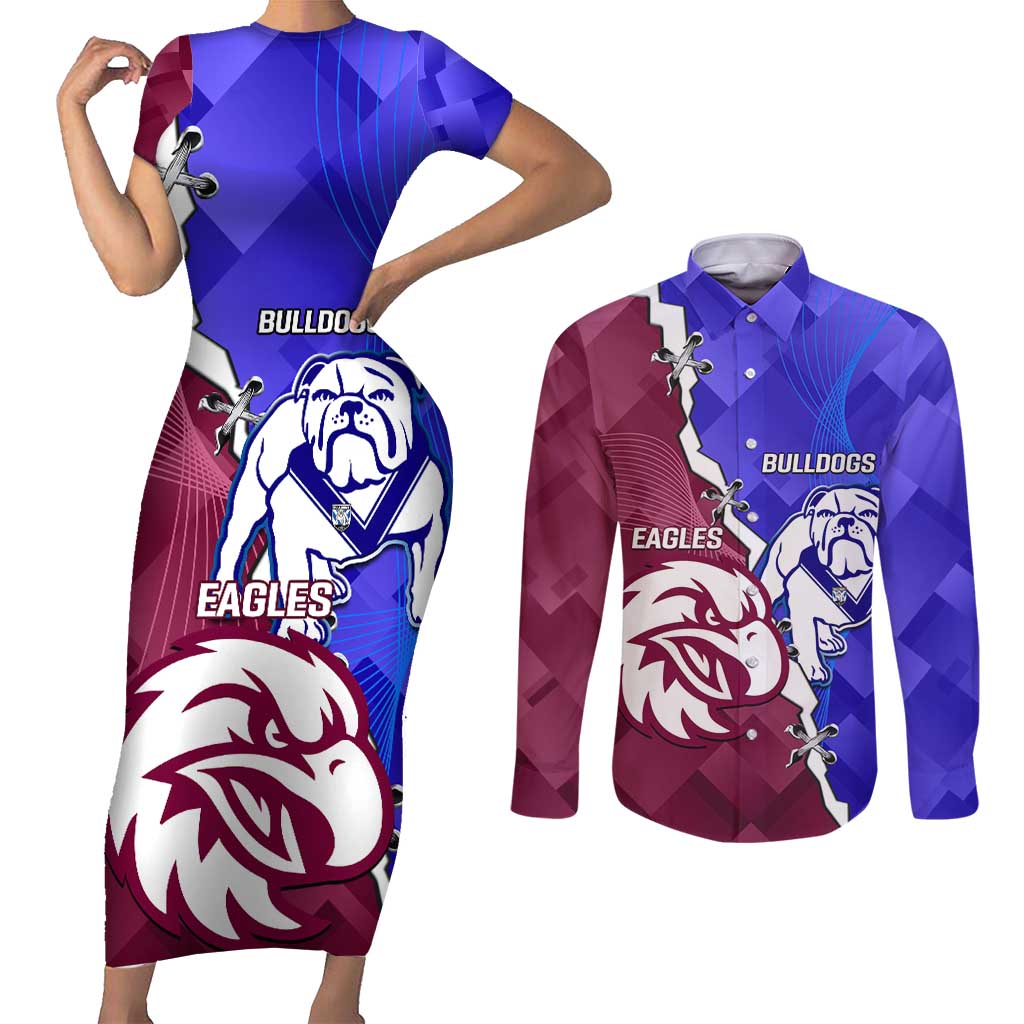 Personalised Bulldogs And Eagles Rugby Couples Matching Short Sleeve Bodycon Dress and Long Sleeve Button Shirt Dynamic Style