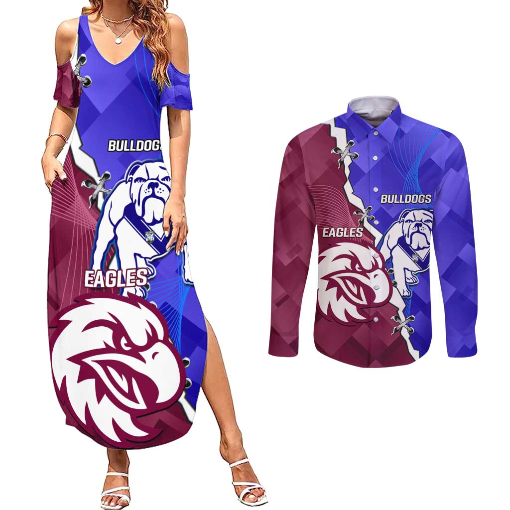 Personalised Bulldogs And Eagles Rugby Couples Matching Summer Maxi Dress and Long Sleeve Button Shirt Dynamic Style