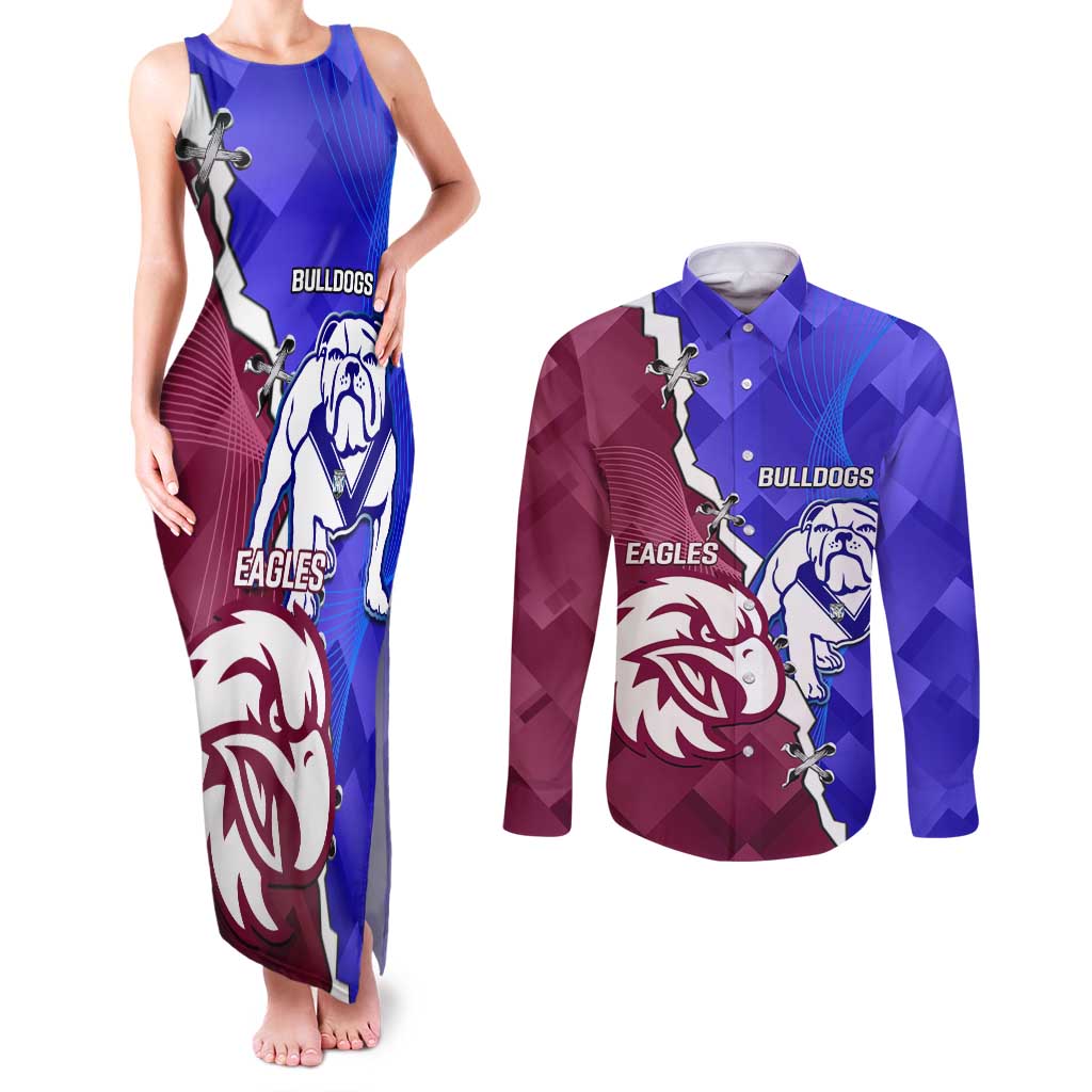 Personalised Bulldogs And Eagles Rugby Couples Matching Tank Maxi Dress and Long Sleeve Button Shirt Dynamic Style