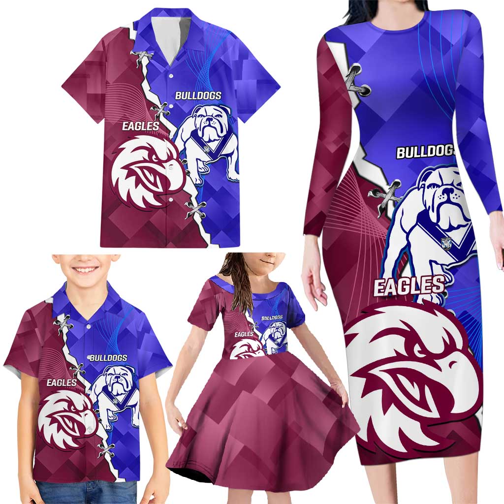 Personalised Bulldogs And Eagles Rugby Family Matching Long Sleeve Bodycon Dress and Hawaiian Shirt Dynamic Style