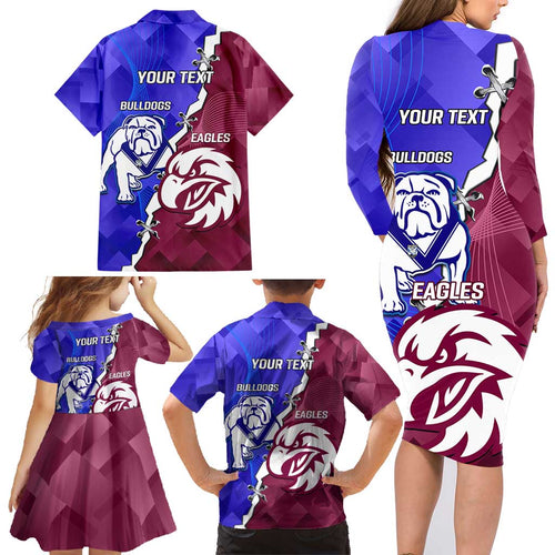 Personalised Bulldogs And Eagles Rugby Family Matching Long Sleeve Bodycon Dress and Hawaiian Shirt Dynamic Style