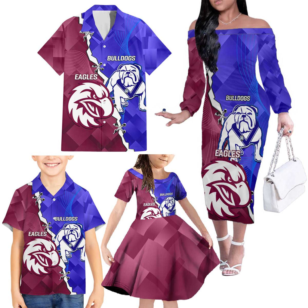 Personalised Bulldogs And Eagles Rugby Family Matching Off The Shoulder Long Sleeve Dress and Hawaiian Shirt Dynamic Style