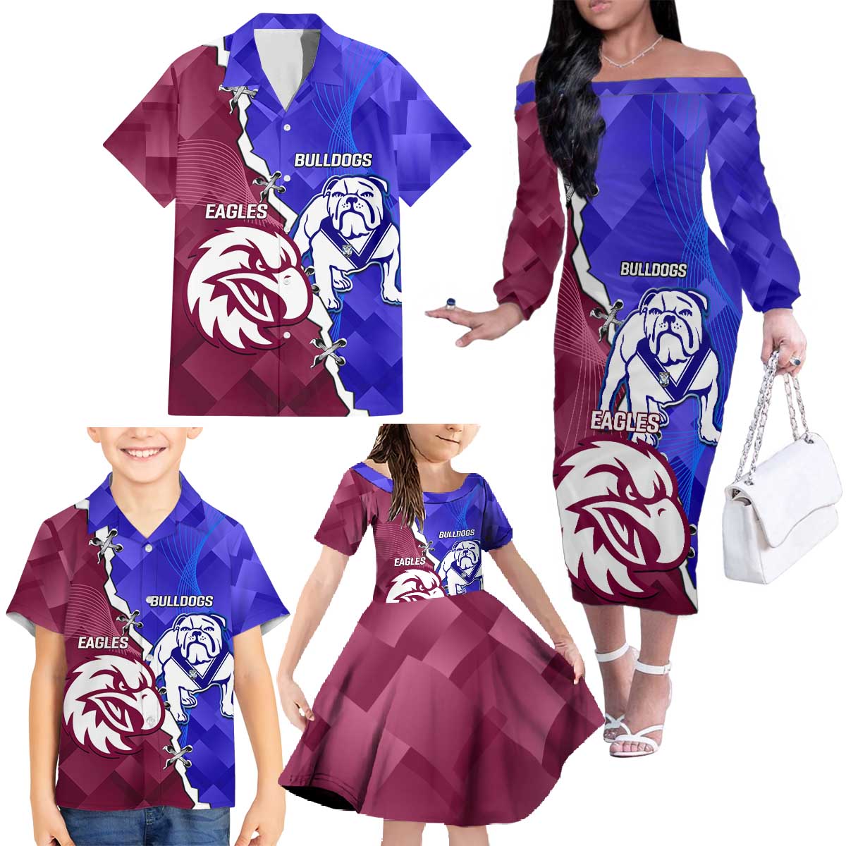 Personalised Bulldogs And Eagles Rugby Family Matching Off The Shoulder Long Sleeve Dress and Hawaiian Shirt Dynamic Style