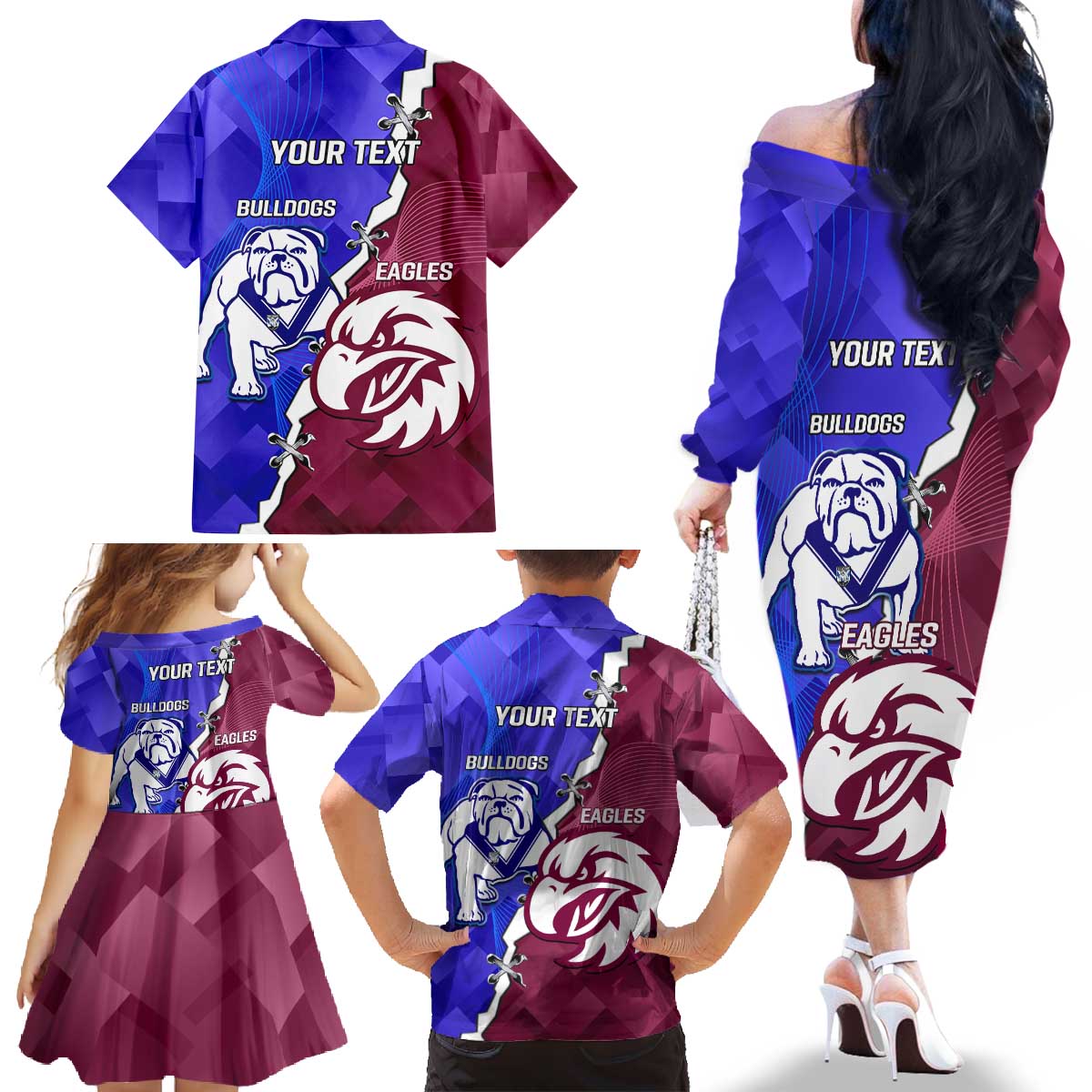 Personalised Bulldogs And Eagles Rugby Family Matching Off The Shoulder Long Sleeve Dress and Hawaiian Shirt Dynamic Style
